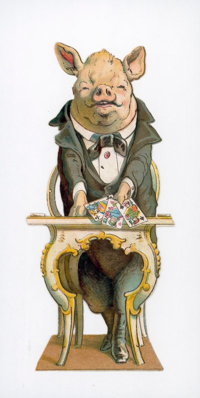 Cerdo sosteniendo cartas de juego de English School